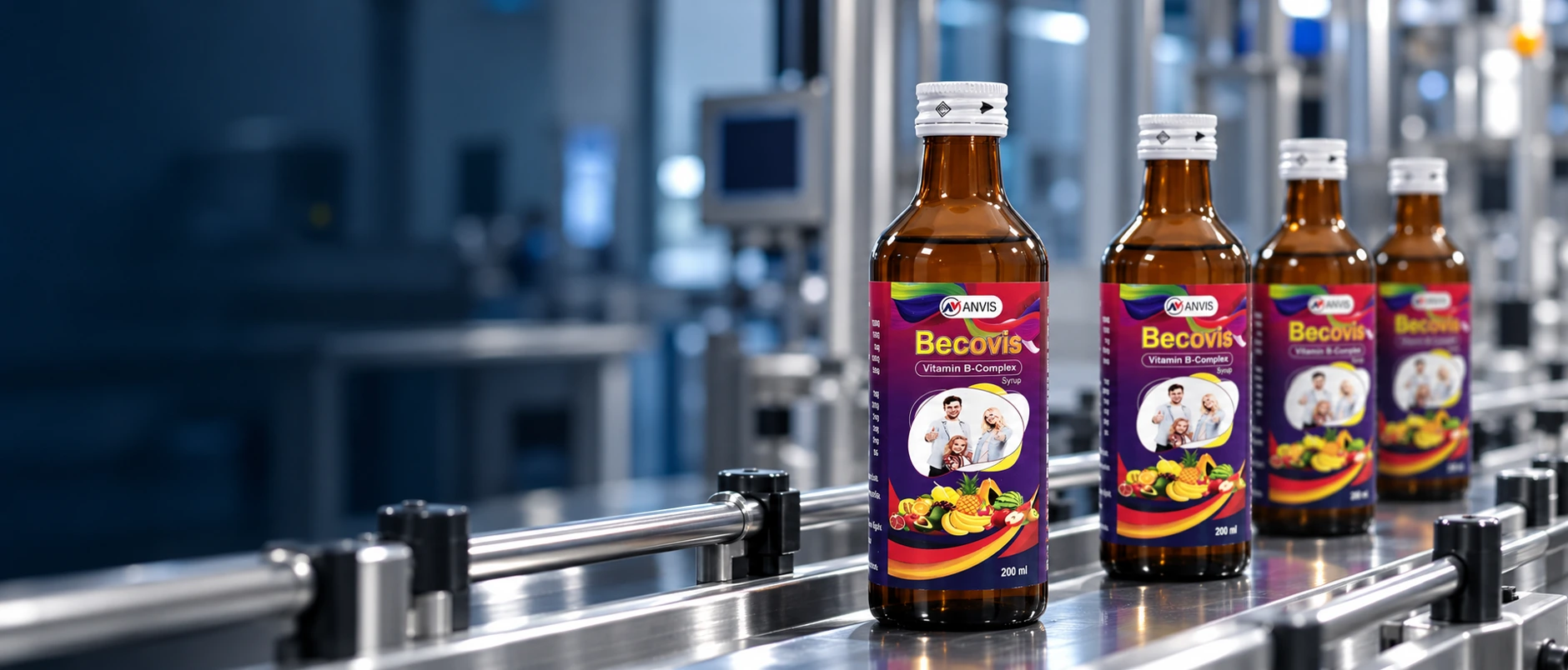 Illustrative ANVIS Becovis packing scene based on the original amber glass bottle, with straight purple labels and white caps