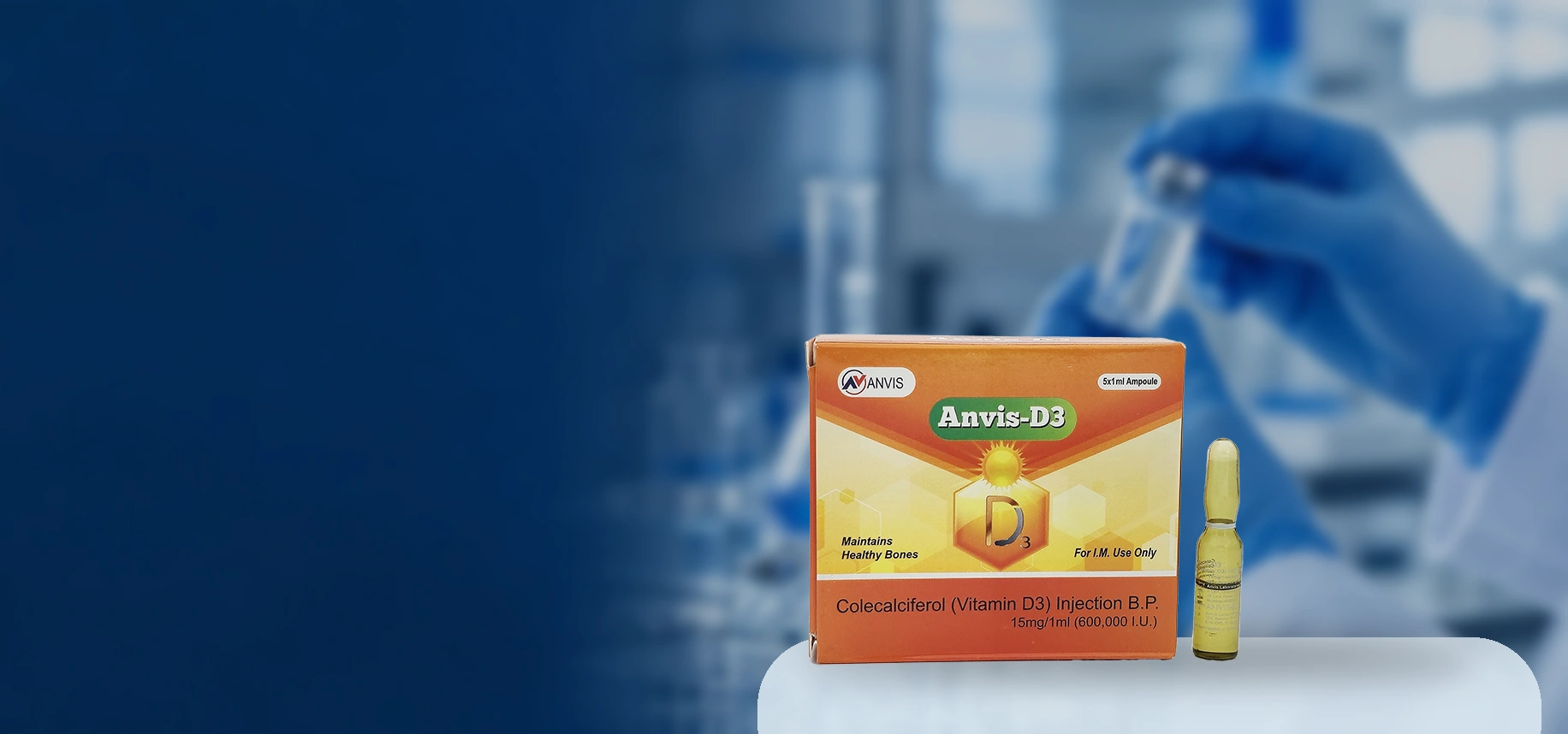 Original ANVIS-D3 carton and ampoule on an illustrative laboratory background