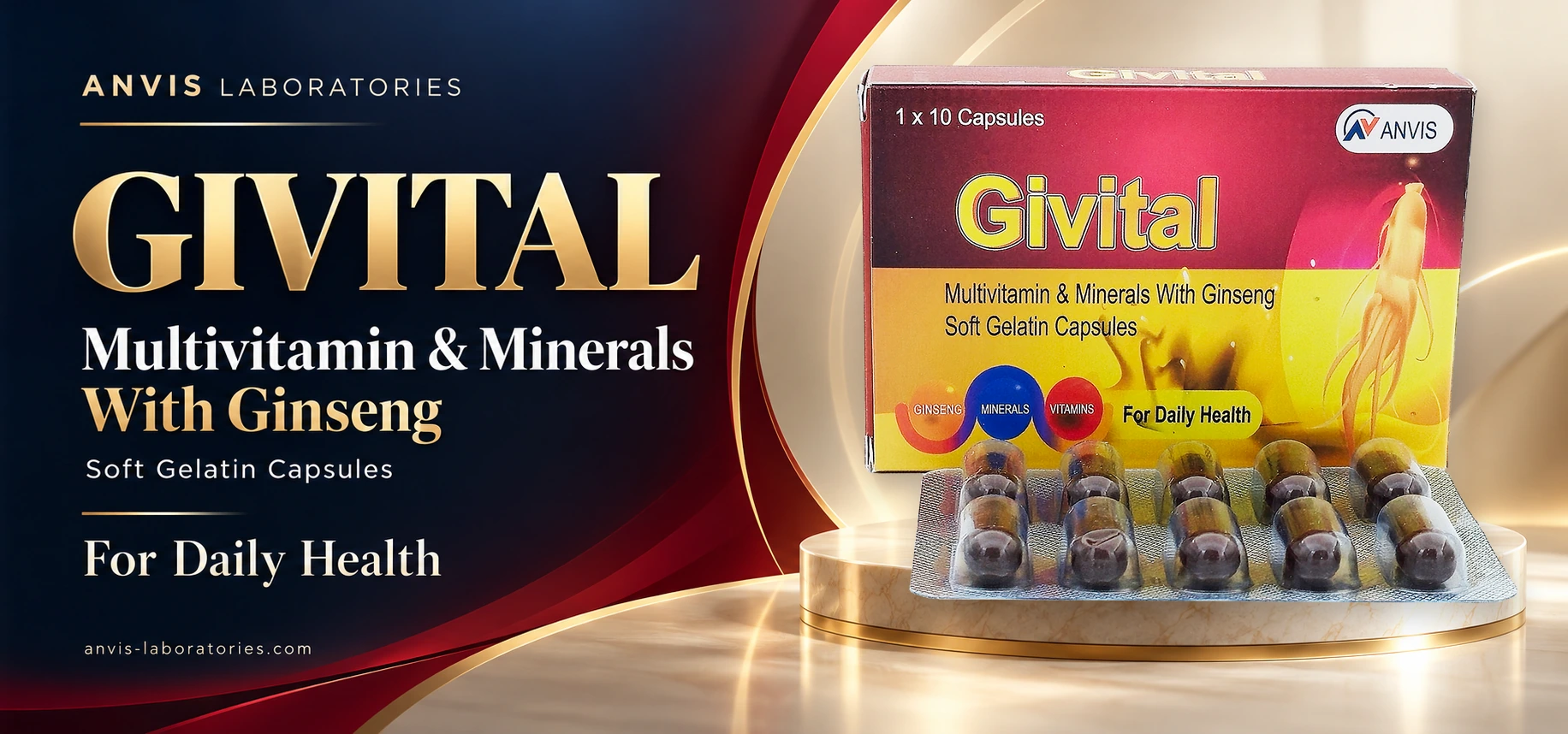 ANVIS Givital multivitamin and minerals with ginseng, original carton with capsule blister displayed outside the box