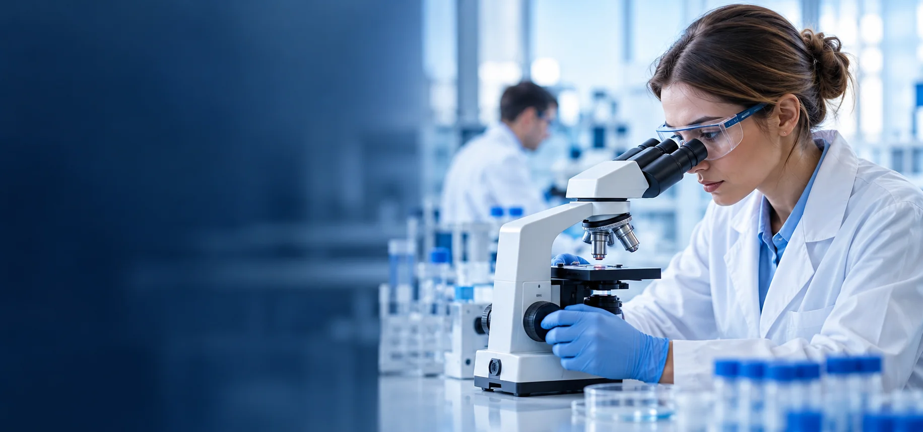 Scientist using a microscope in an illustrative pharmaceutical research laboratory