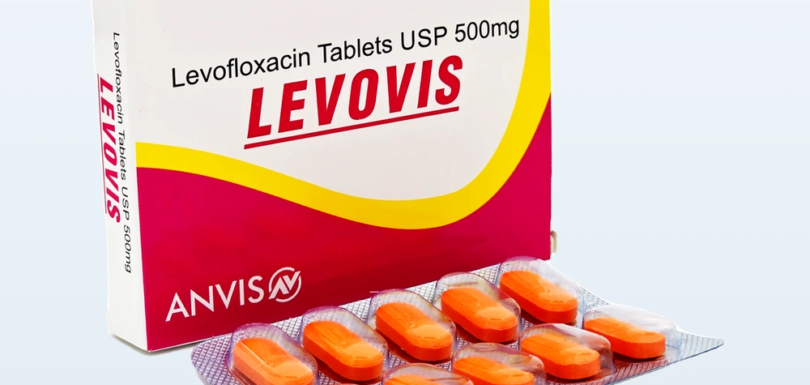 Original Levovis 500 packaging by ANVIS in a coordinated pale blue studio composition