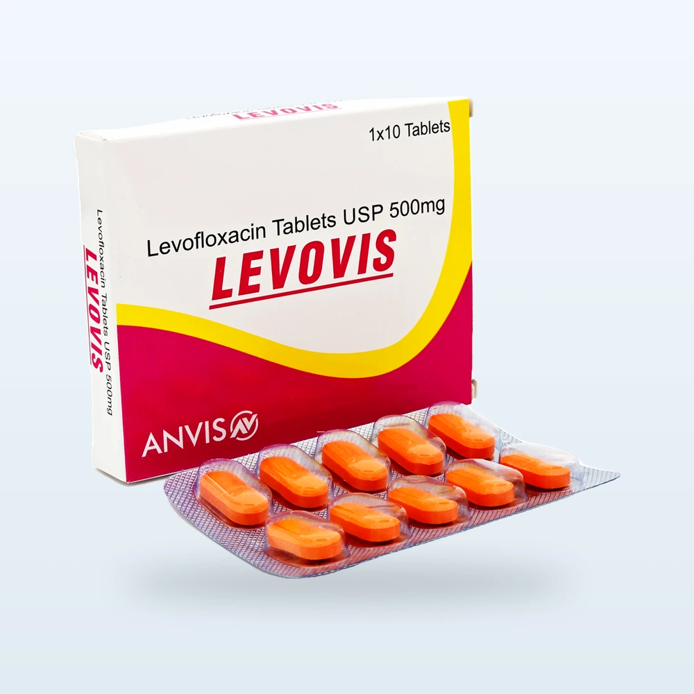 Original Levovis 500 packaging by ANVIS in a coordinated pale blue studio composition
