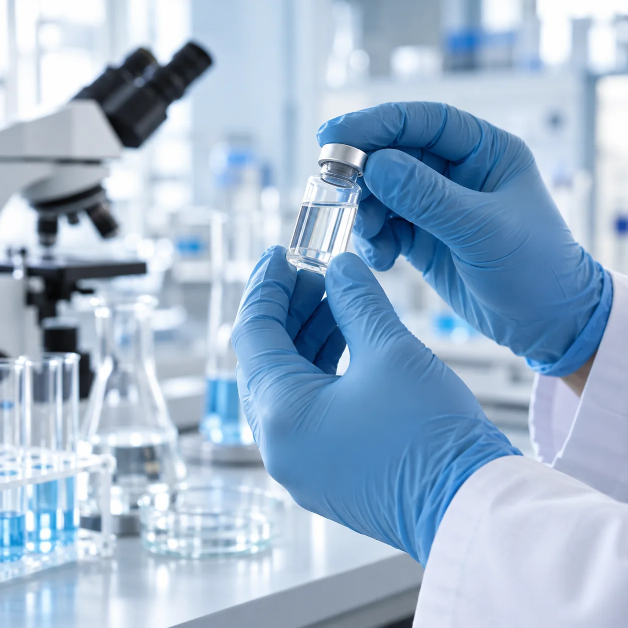 Gloved hands examining a laboratory sample vial, illustrative pharmaceutical quality scene