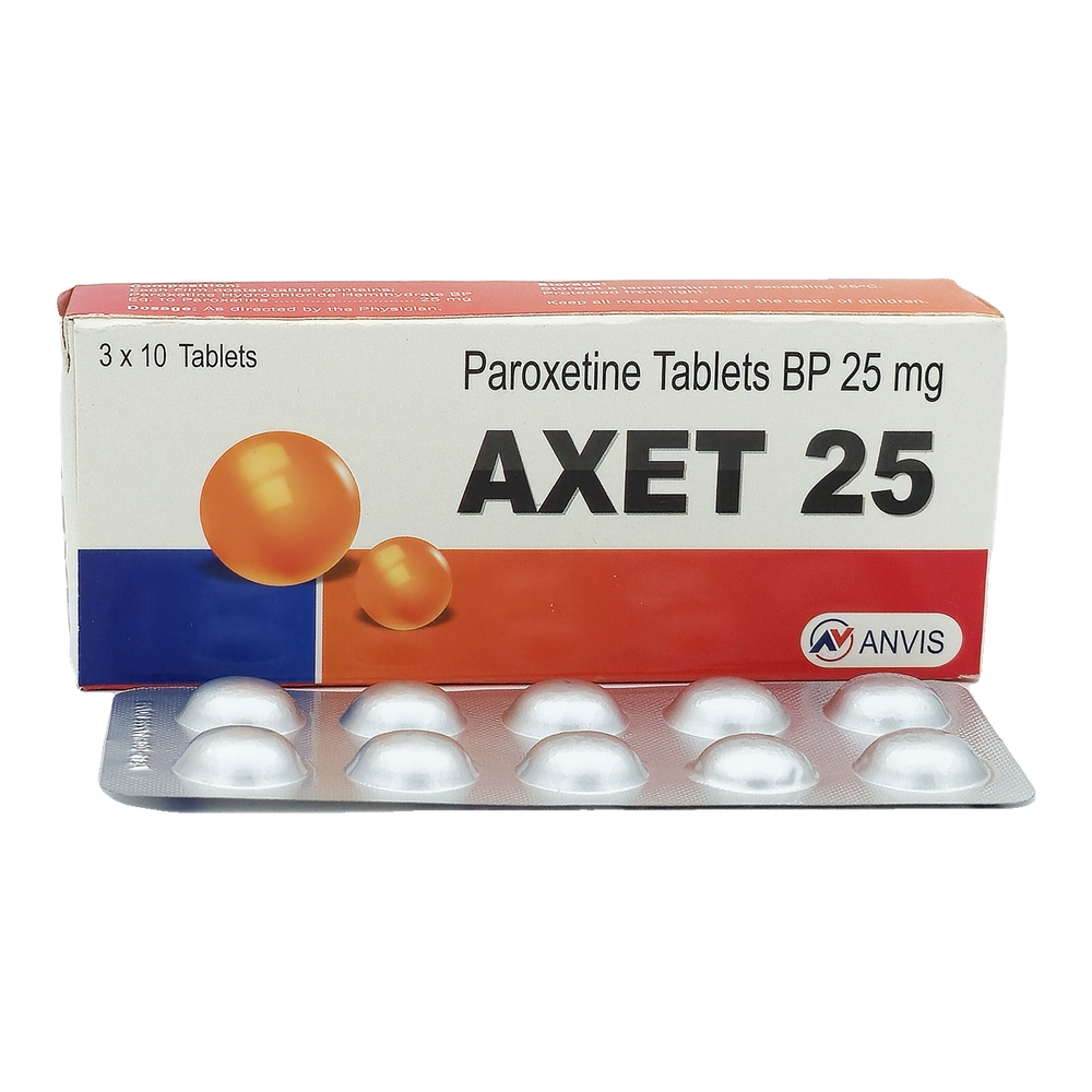 Axet 25 paroxetine 25 mg tablets by ANVIS, carton and blister, 30-tablet pack