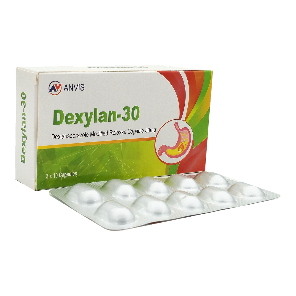 Dexylan-30 dexlansoprazole 30 mg modified-release capsules by ANVIS, carton and capsule blister outside the box