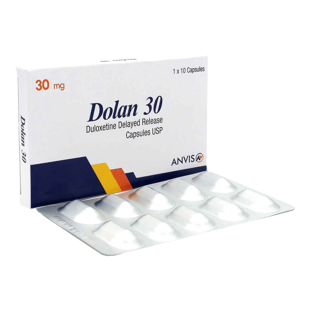 Dolan 30 duloxetine 30 mg delayed-release capsules by ANVIS, carton and capsule blister outside the box