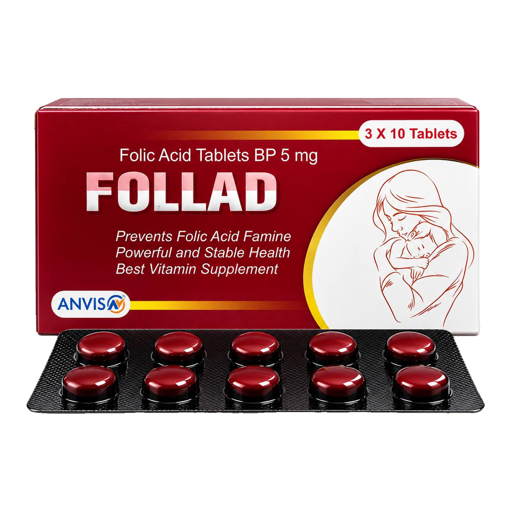 Follad 5 mg folic acid tablets by ANVIS, carton with complete tablet blister outside the box