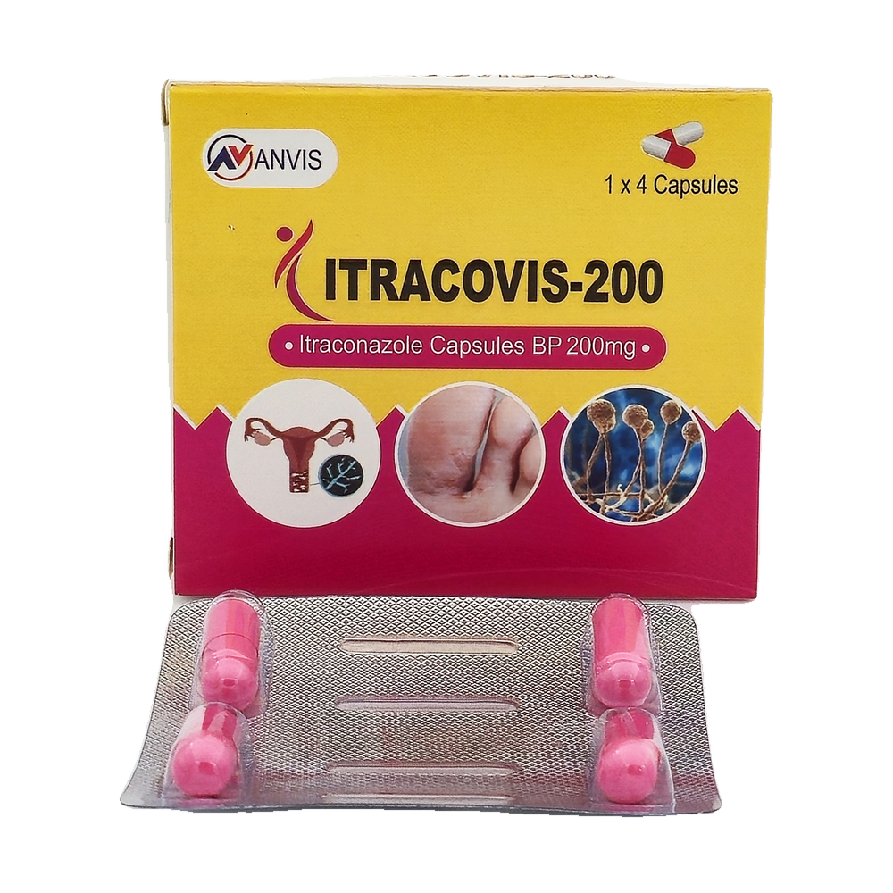 Itracovis-200 itraconazole 200 mg capsules by ANVIS, carton and four-capsule blister outside the box