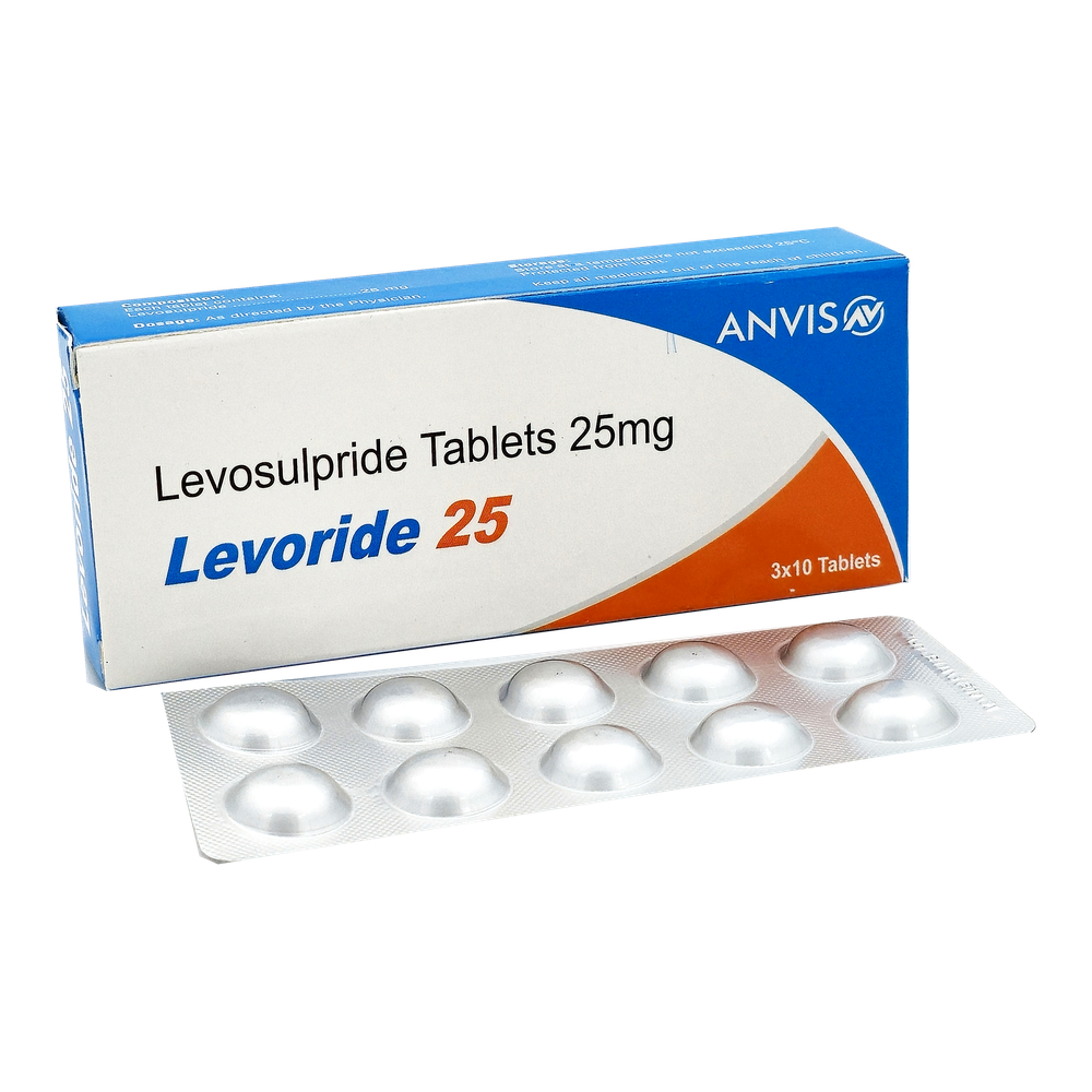 Levoride 25 levosulpiride 25 mg tablets by ANVIS, with the tablet blister outside the carton