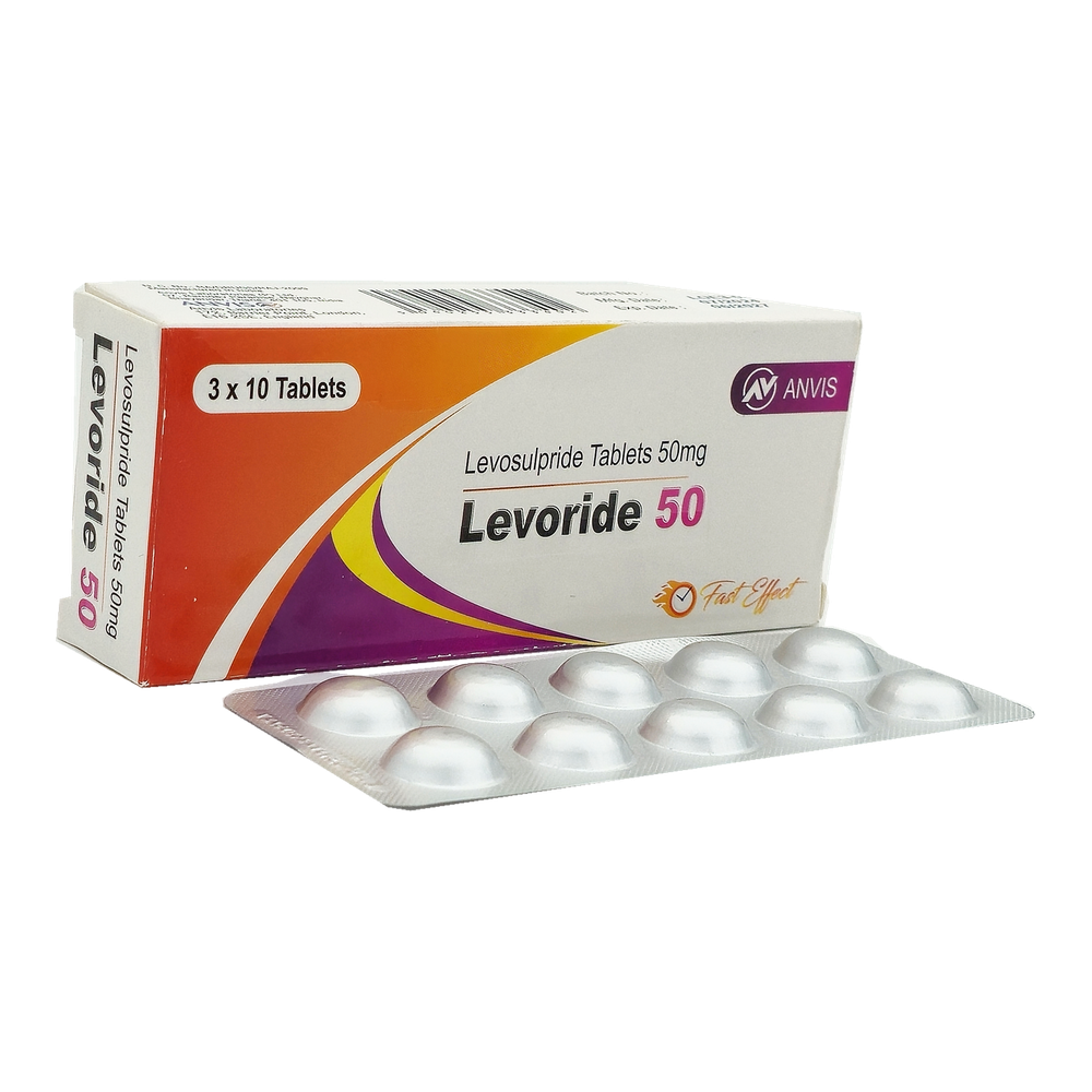 Levoride 50 levosulpiride 50 mg tablets by ANVIS, carton and complete blister outside the box