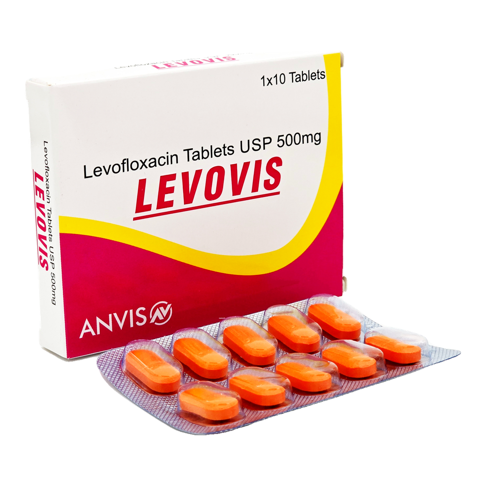 Levovis 500 levofloxacin 500 mg tablets by ANVIS, carton with tablet blister outside the box