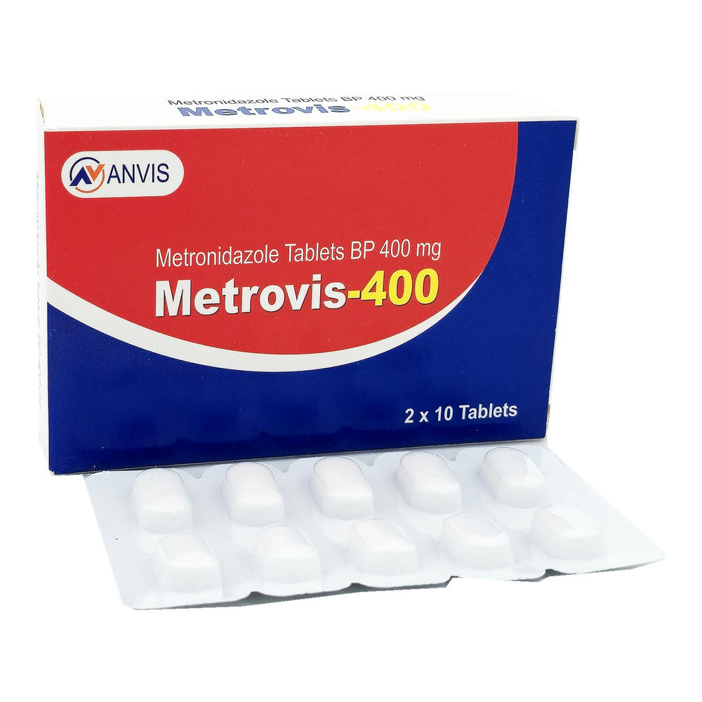 Metrovis-400 by ANVIS, original carton with complete tablet blister outside the box