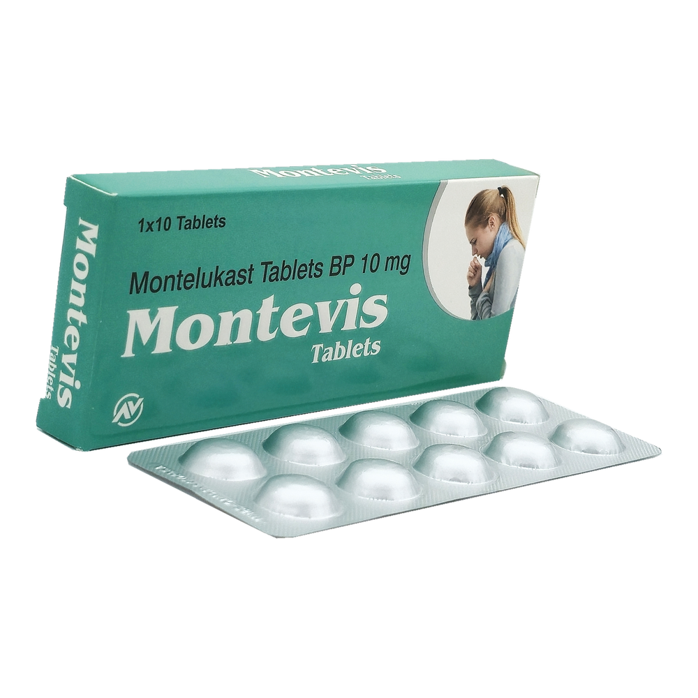Montevis 10 mg montelukast tablets by ANVIS, carton and complete tablet blister outside the box