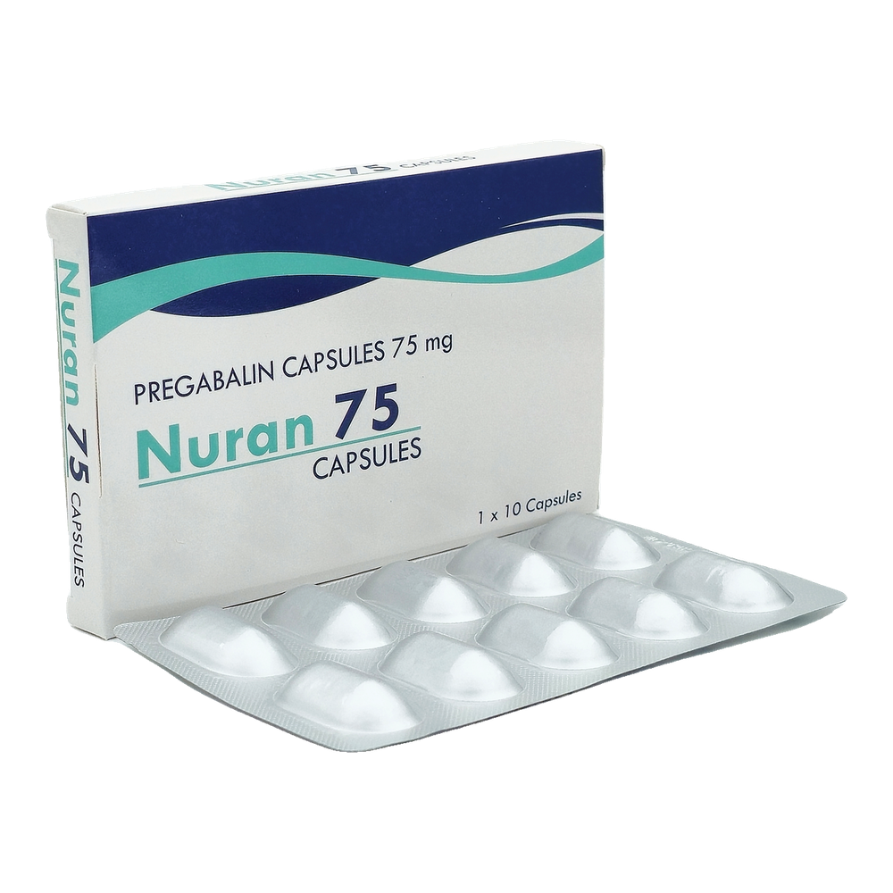 Nuran 75 pregabalin 75 mg capsules, carton and blister, pack of 10 capsules