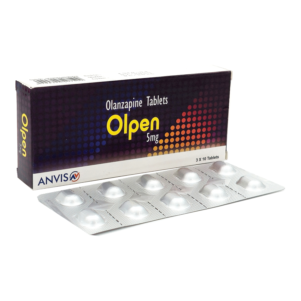 Olpen 5 mg olanzapine tablets by ANVIS, carton with the complete tablet blister outside the box