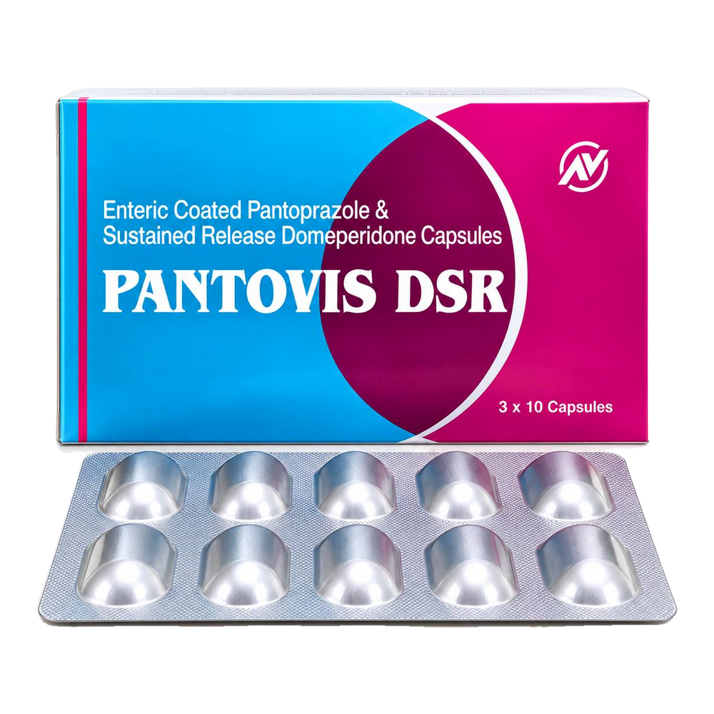 Pantovis DSR pantoprazole and domperidone capsules by ANVIS, carton and complete capsule blister outside the box