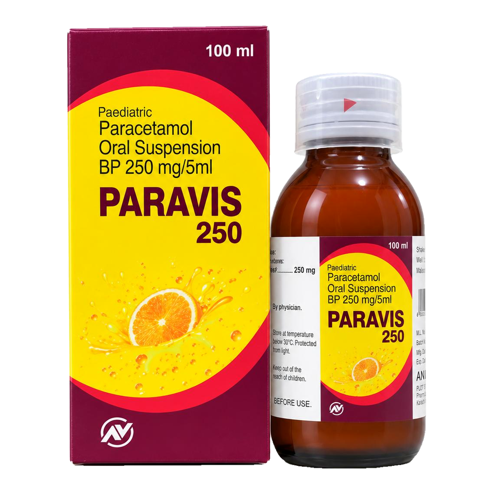 Paravis 250 paracetamol 250 mg per 5 ml oral suspension by ANVIS, 100 ml bottle outside its carton