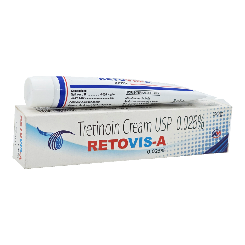 Retovis-A 0.025% tretinoin cream by ANVIS, 20 g tube outside its carton